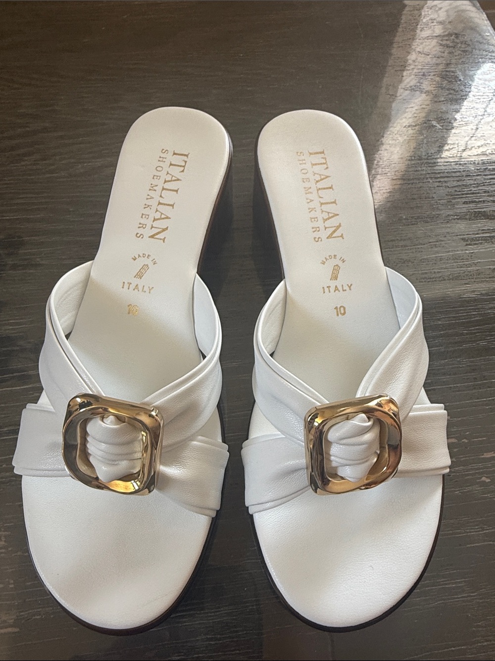 Italian Shoemakers White Leather Slide Mules with Gold Buckle Accent